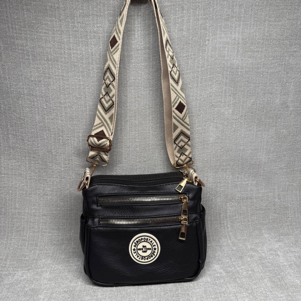 Aeropostale Crossbody Bag‎ Black Faux Leather Guitar Strap Messenger Purse Small